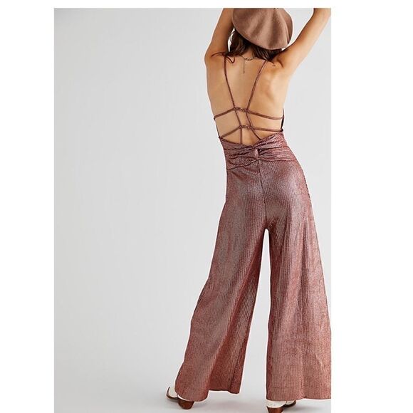 Free People Shimmer and Shine Metallic Rose Gold Jumpsuit - Picture 3 of 10